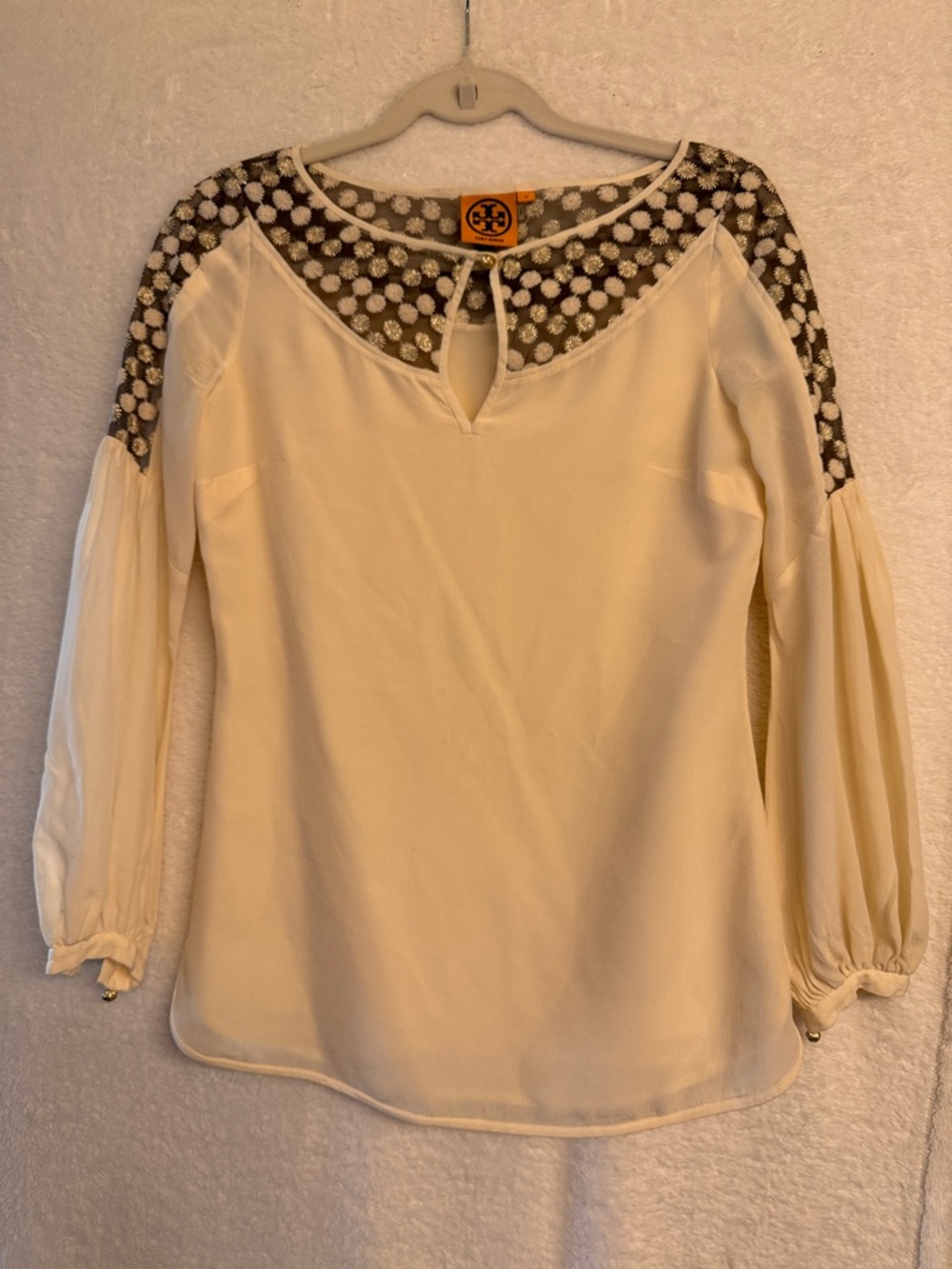 Tory Burch Silk Ivory Bateau Lined Blouse with Embroidered Flower Dot Lace Yoke